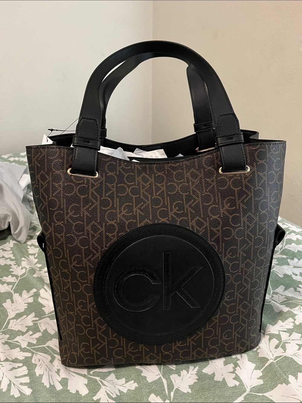 Calvin Klein Brown Monogram Tote with Black Leather Trim